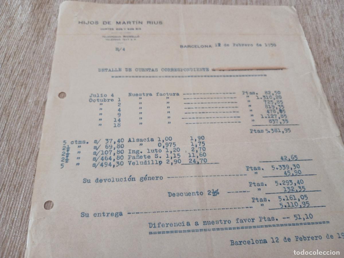 Facturas antiguas: hijos de martin rius, detalle de cuentas, barcelona 1930