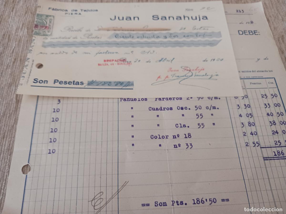Facturas antiguas: ANTIGUA FACTURA Y RECIBI, fabrica de tejidos piera, juan sanahuja, BARCELONA 1930