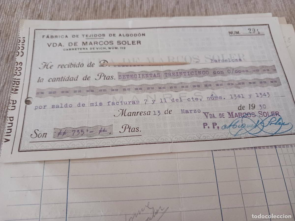 Facturas antiguas: ANTIGUA FACTURA Y RECIBI, fabrica de tejidos vda. de marcos soler, manresa 1930
