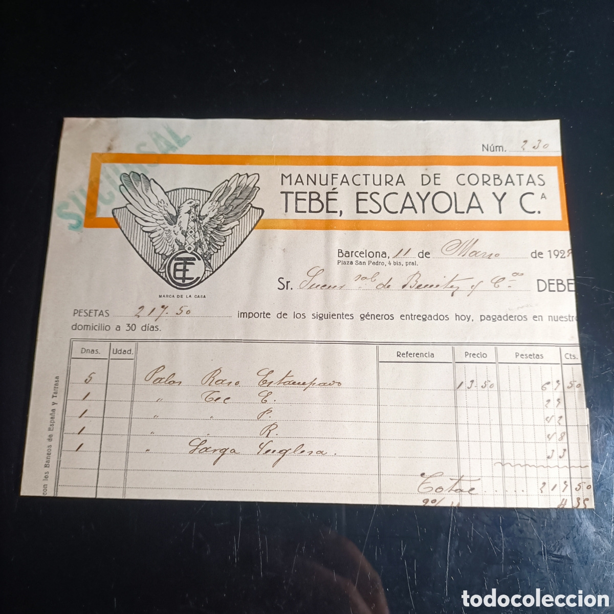 Facturas antiguas: FACTURA MANUFACTURA DE CORBATAS TENE, ESCAYOLA Y C.