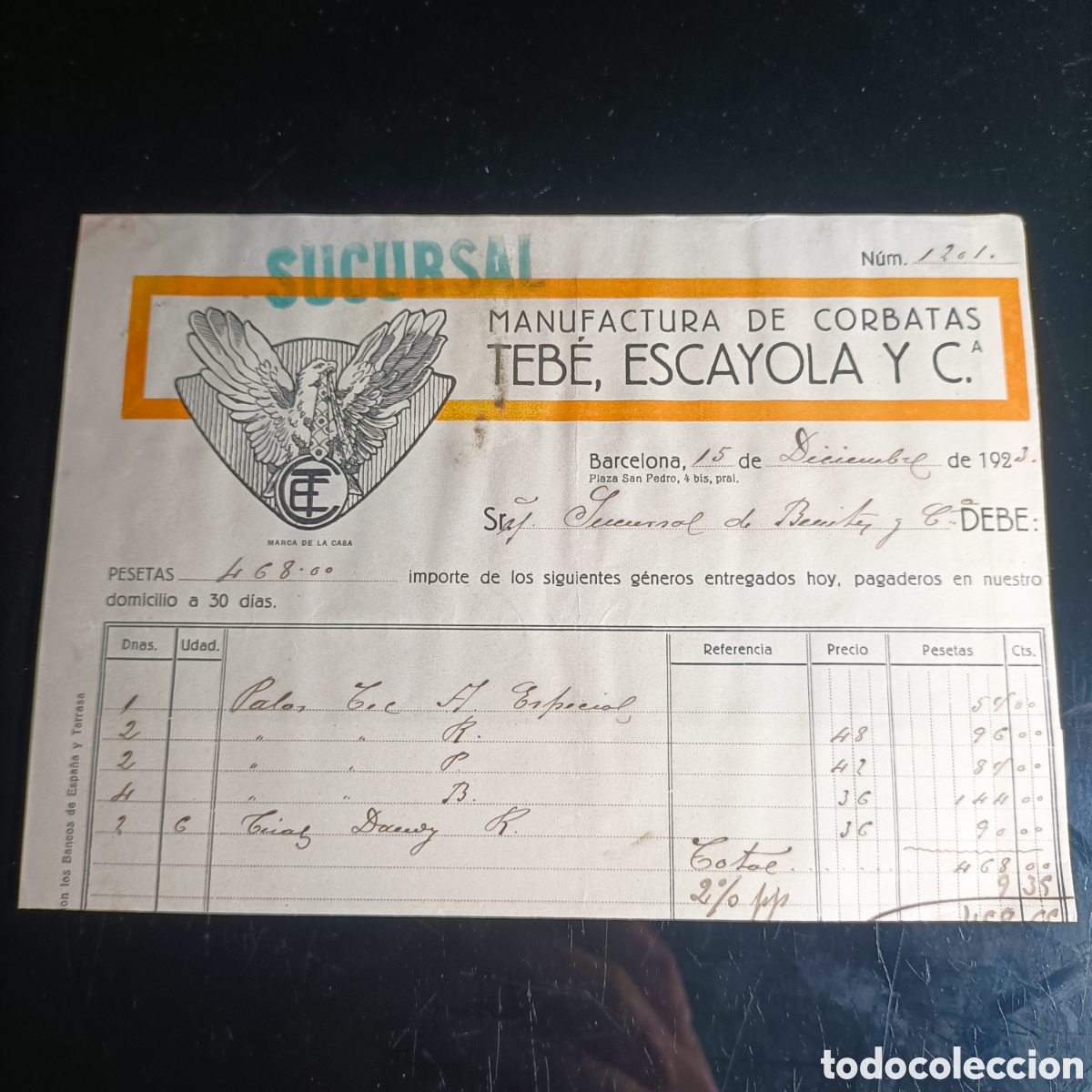 Facturas antiguas: FACTURA MANUFACTURA DE CORBATAS TENE, ESCAYOLA Y C.