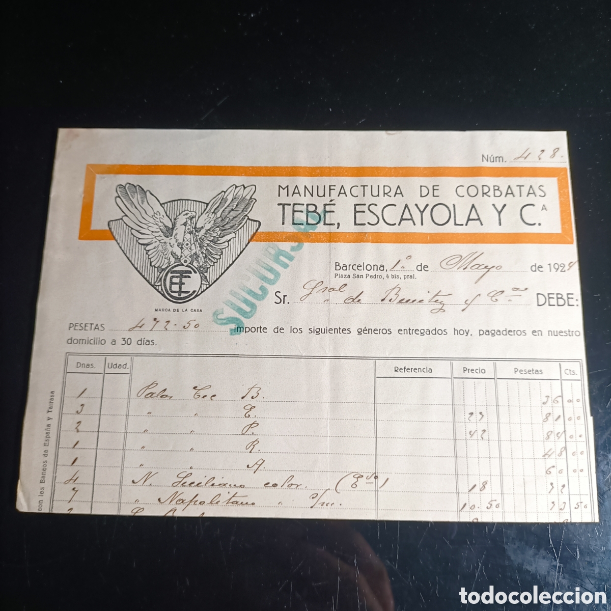 Facturas antiguas: FACTURA MANUFACTURA DE CORBATAS TENE, ESCAYOLA Y C.