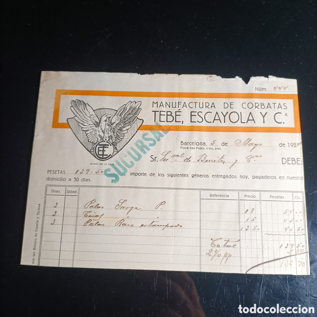 Facturas antiguas: FACTURA MANUFACTURA DE CORBATAS TENE, ESCAYOLA Y C.