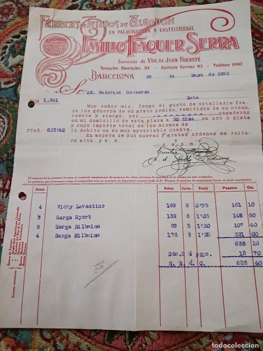 Facturas antiguas: ANTIGUA FACTURA , fabrica de tejidos, emilio flaquer, palautordera y castelltersol 1930