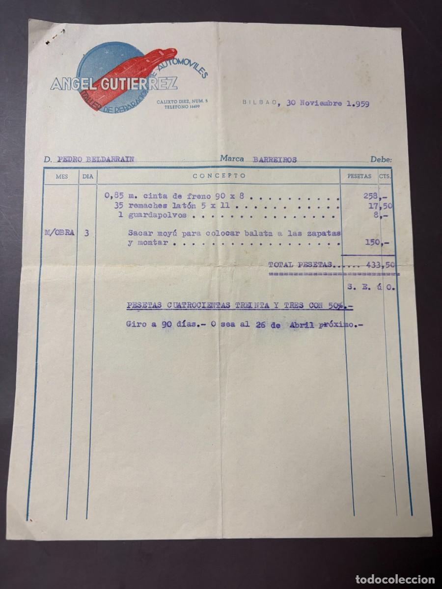 Facturas antiguas: FACTURA. ANGEL GUTIERREZ. TALLER DE REPARACION DE AUTOMOVILES. BILBAO, 1959.