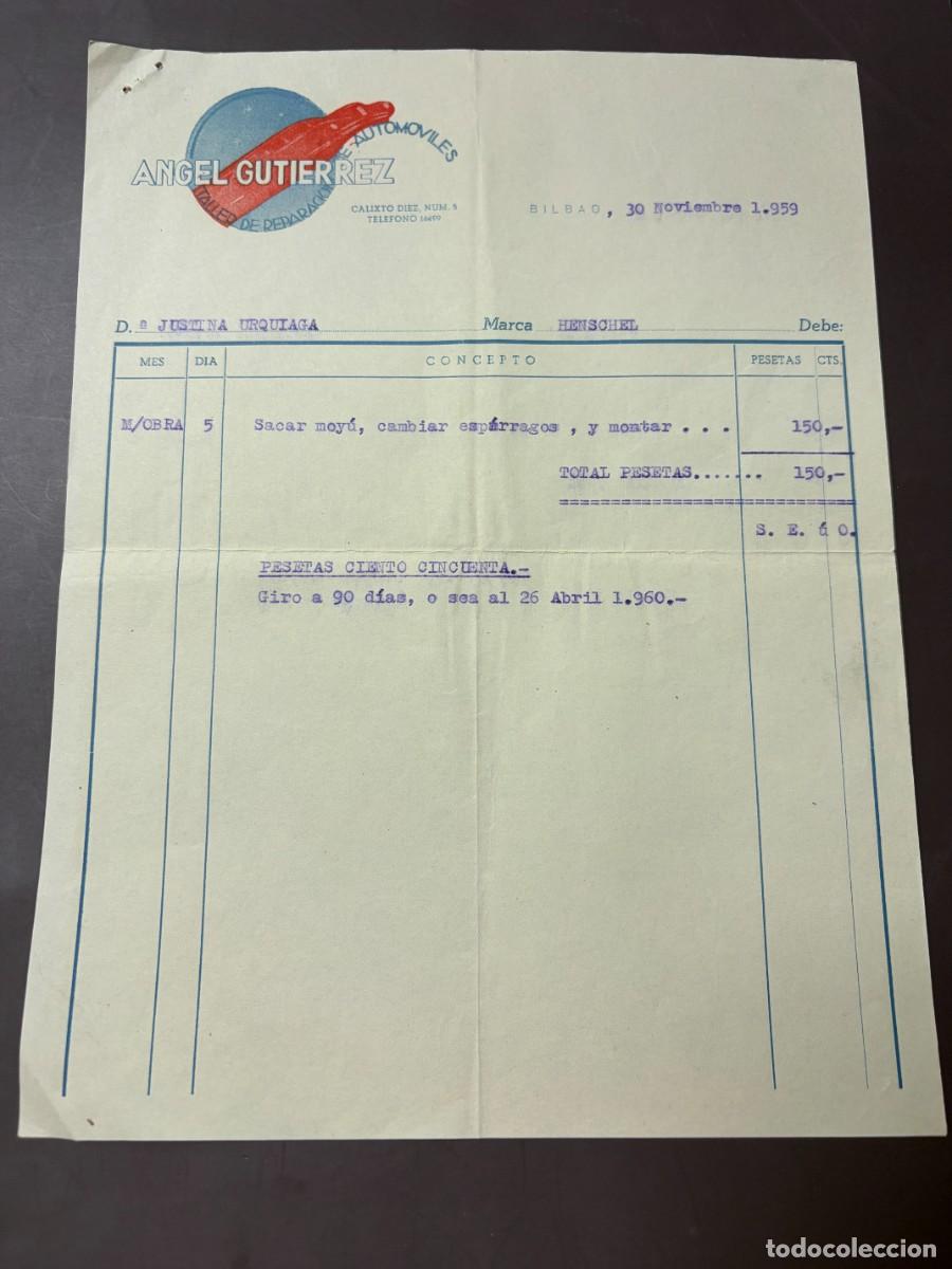 Facturas antiguas: FACTURA. ANGEL GUTIERREZ. TALLER DE REPARACION DE AUTOMOVILES. BILBAO, 1959.