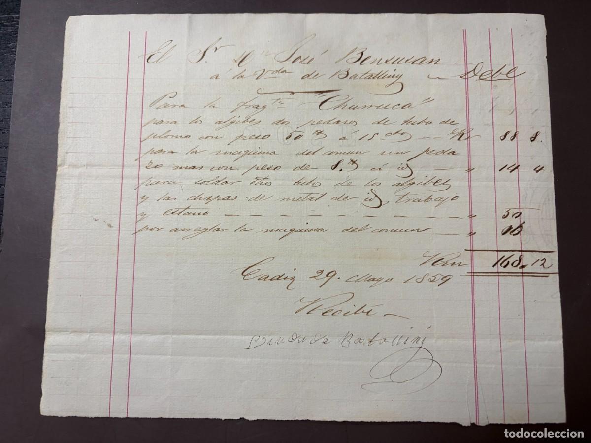 Facturas antiguas: RECIBO D. JOS&Eacute; BENSUSAN A VIUDA DE BATALLINY &ndash; FRAGATA CHURRUCA &ndash; C&Aacute;DIZ 1859
