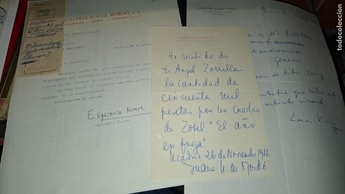Facturas antiguas: Recibo venta. Galeria Juana Mordo y galeria Lara Vincy. Firmas