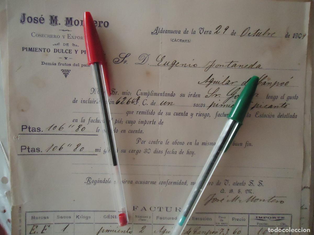Facturas antiguas: jose montero aldeanueva vera caceres 1909 pimiento pimenton vino cacere&ntilde;o extremadura extreme&ntilde;o