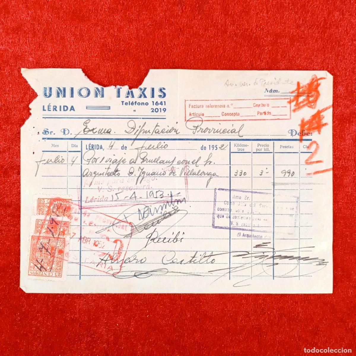 Facturas antiguas: UNION DE TAXIS - L&Eacute;RIDA - RECIBO COMERCIAL DE VIAJE - 1952 / 602