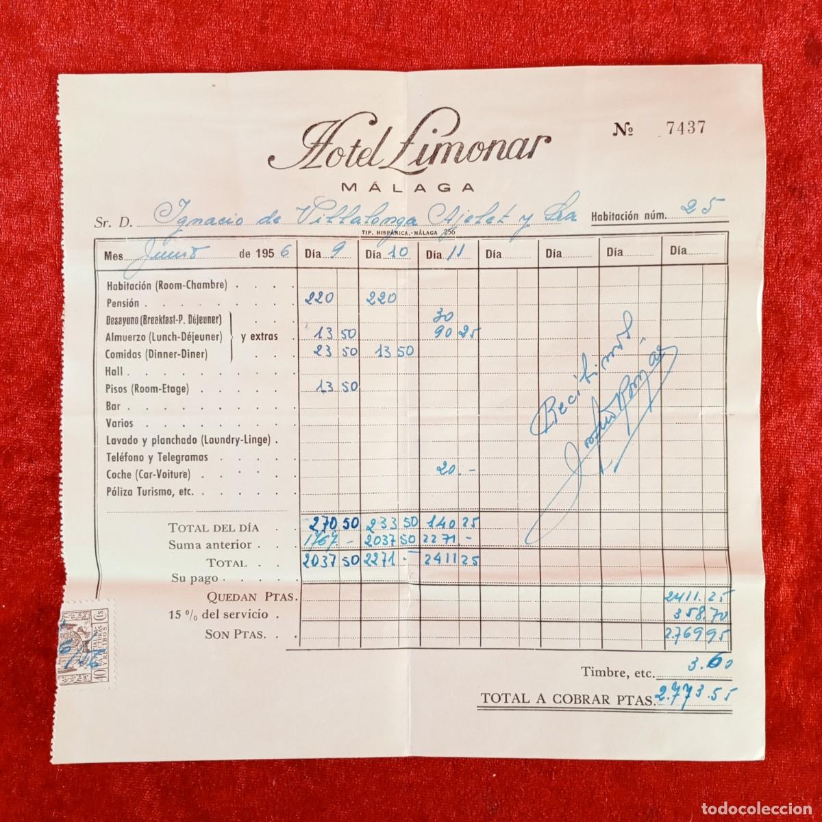 Facturas antiguas: HOTEL LIMONAR - M&Aacute;LAGA - FACTURA TOTAL DE ALOJAMIENTO - 1956 / 755