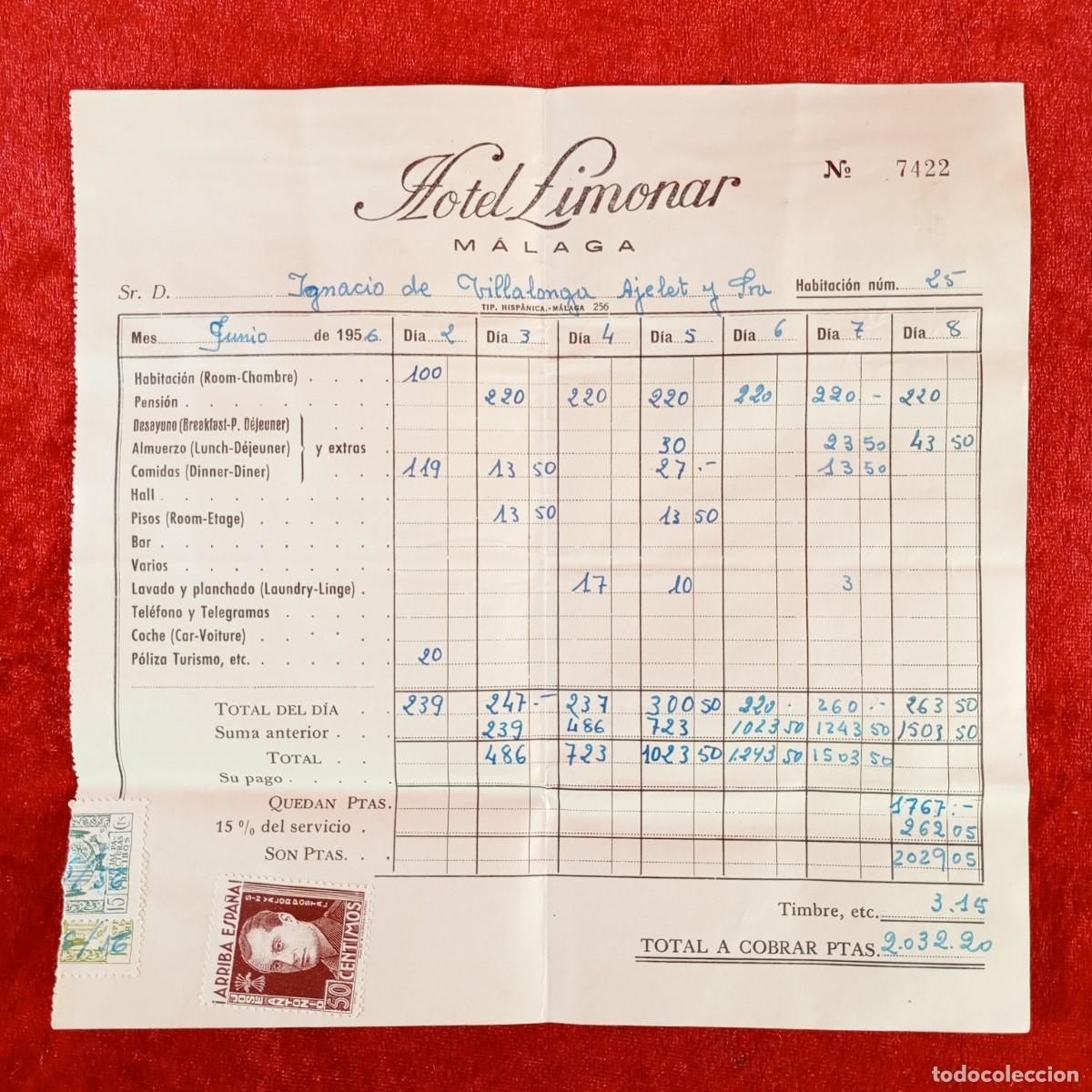 Facturas antiguas: HOTEL LIMONAR - M&Aacute;LAGA - FACTURA TOTAL DE ALOJAMIENTO - 1956 / 756