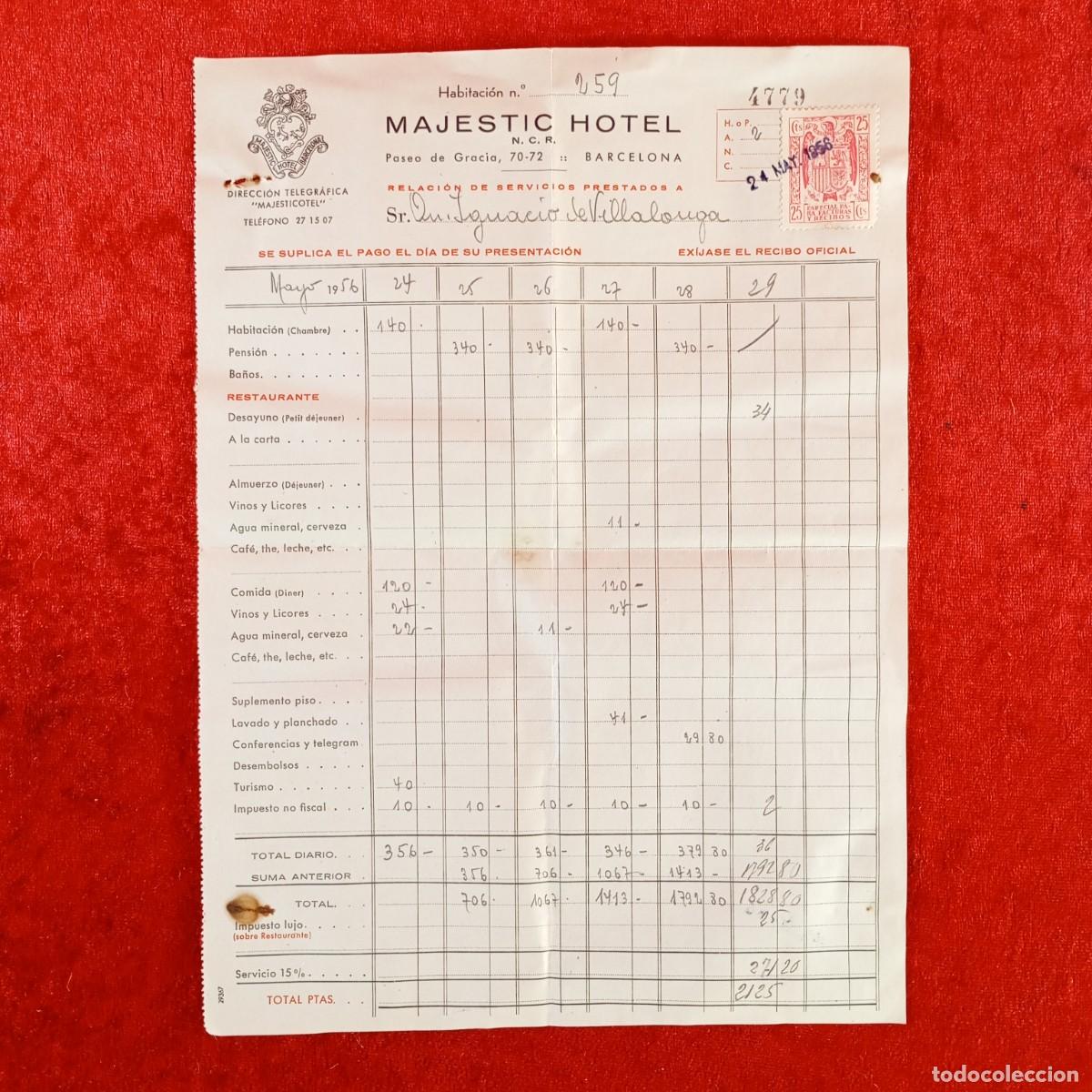 Facturas antiguas: MAJESTIC HOTEL - BARCELONA - PASEO DE GRACIA - A&Ntilde;O 1956 - FACTURA DE HOSPEDAJE / 758