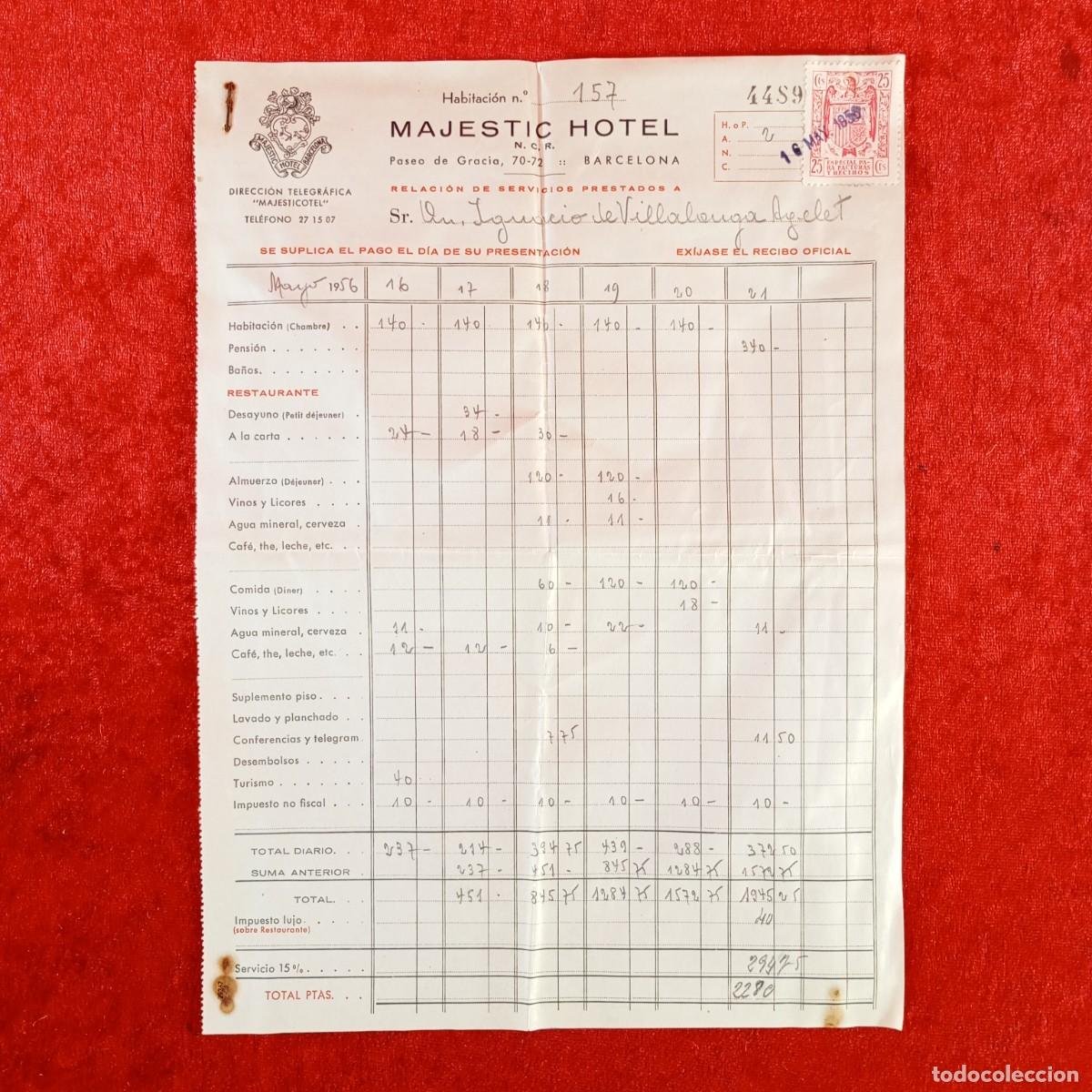 Facturas antiguas: MAJESTIC HOTEL - PASEO DE GRACIA - BARCELONA - A&Ntilde;O 1956 - FACTURA COMERCIAL / 762
