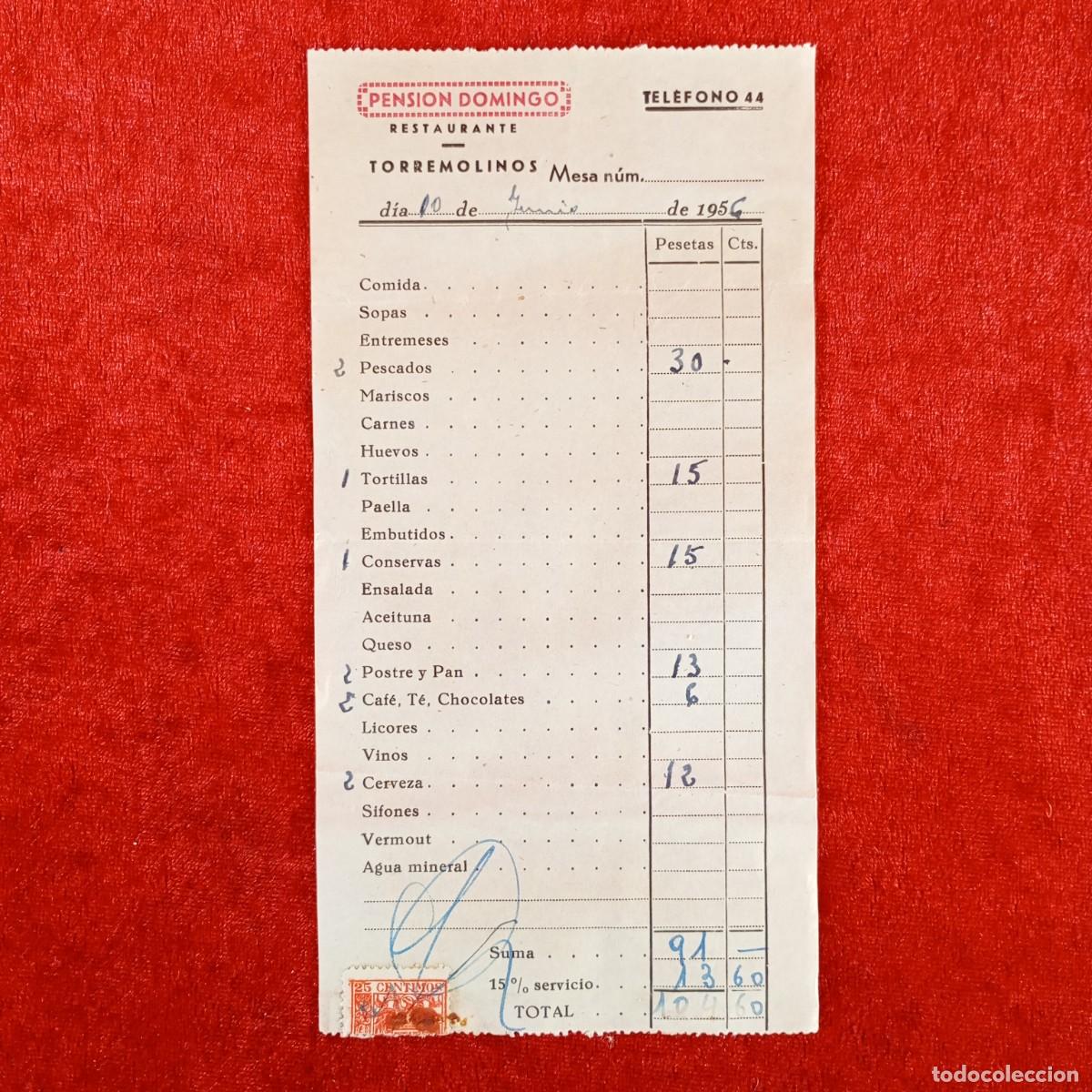 Facturas antiguas: PENSION DOMINGO RESTAURANTE - TORREMOLINOS - 1956 - FACTURA COMERCIAL / 768
