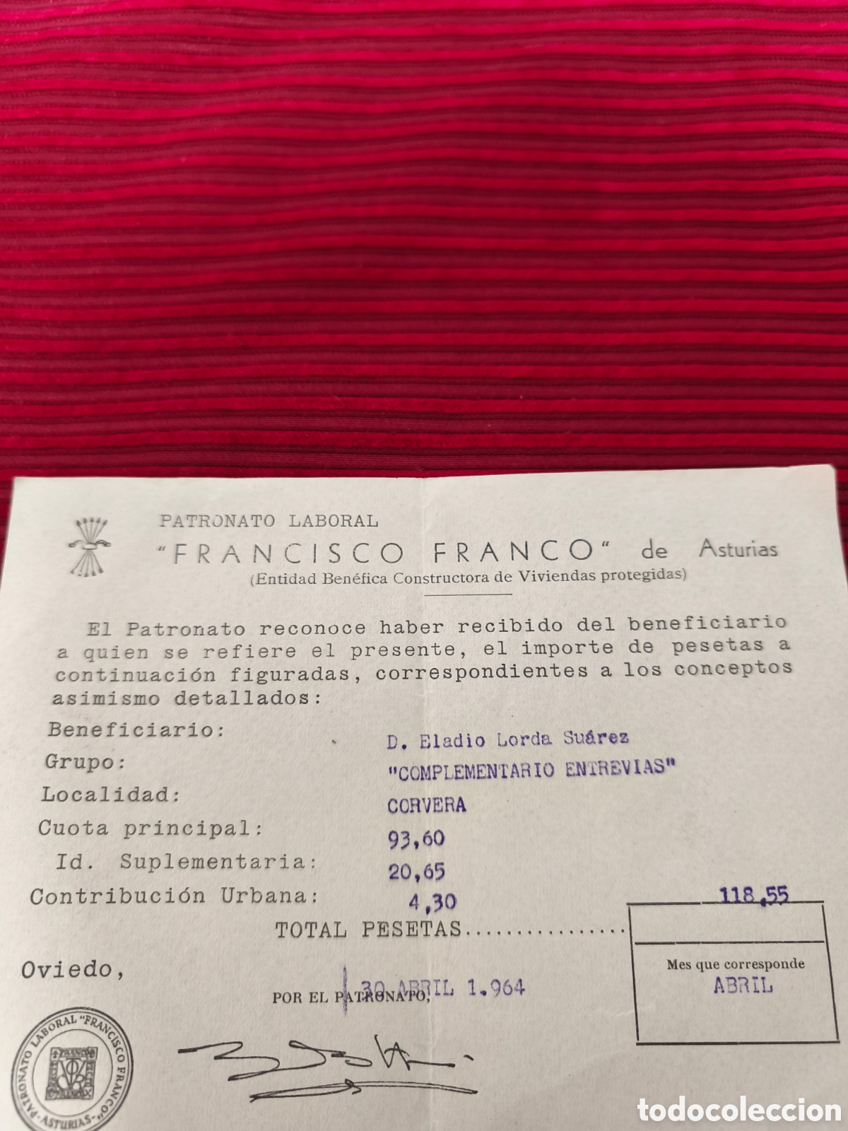 Facturas antiguas: Recibo Patronato Laboral &rdquo;Francisco Franco&rdquo;de Asturias.A&ntilde;o 1964