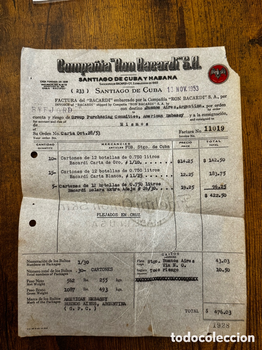 Fatture antiche: Documento de la Compa&ntilde;ia de Ron Bacardi Cuba 1953