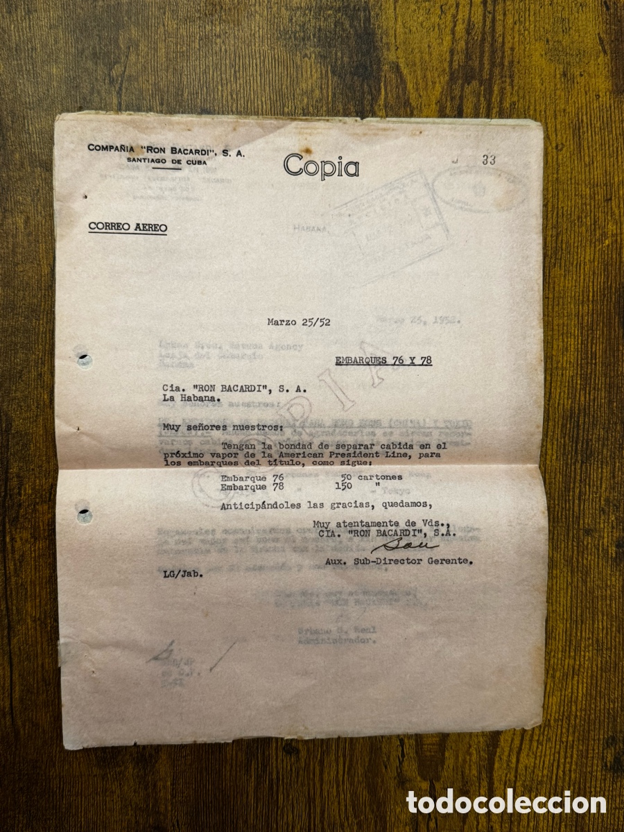 Fatture antiche: Documento de la Compa&ntilde;ia de Ron Bacardi Cuba 1952. 3 paginas