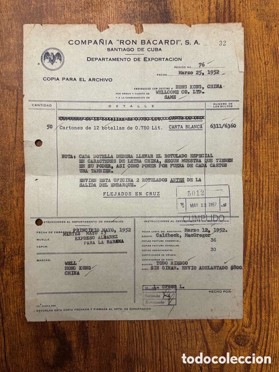 Fatture antiche: Documento de la Compa&ntilde;ia de Ron Bacardi Cuba 1952