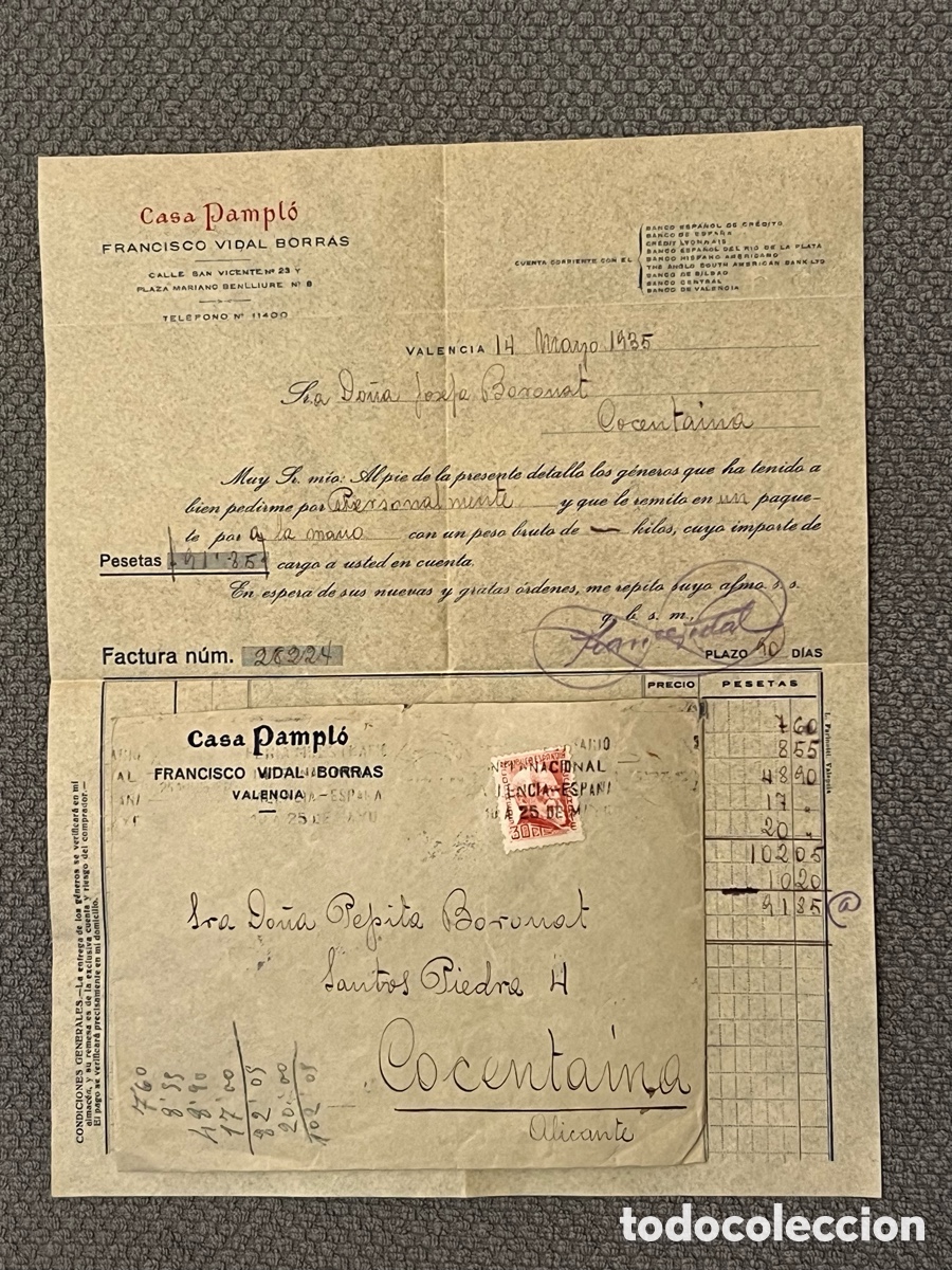 Facturas antiguas: CASA PAMPLO LasMedias. Factura y sobre circulado Republica. Valencia a Cocentaina (a.1935)