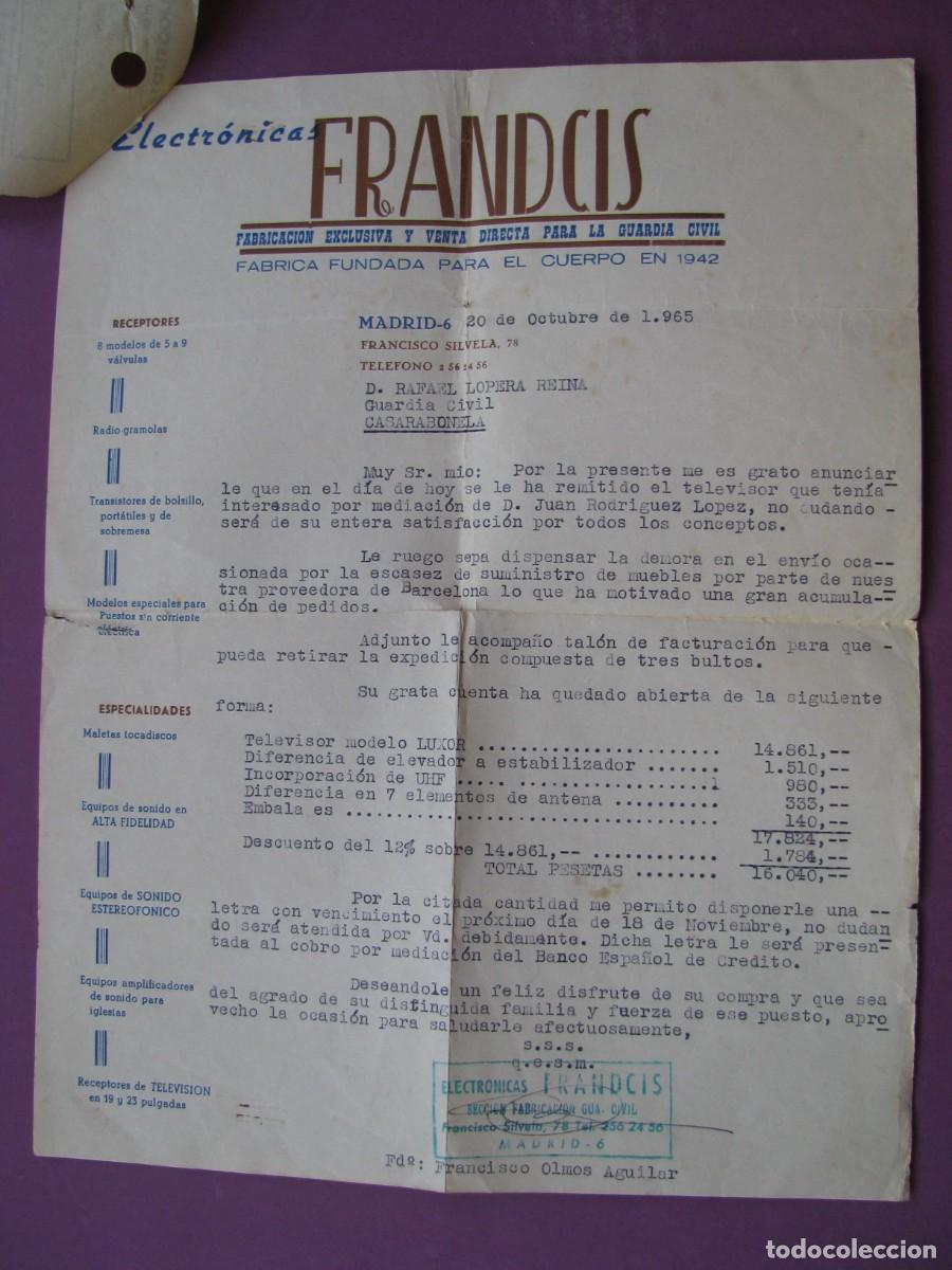 Facturas antiguas: CARTA COMERCIAL, FACTURA DE ELECTRONICAS FRANDCIS. FABRICA EXCLUSIVA PARA GUARDIA CIVIL. 1965