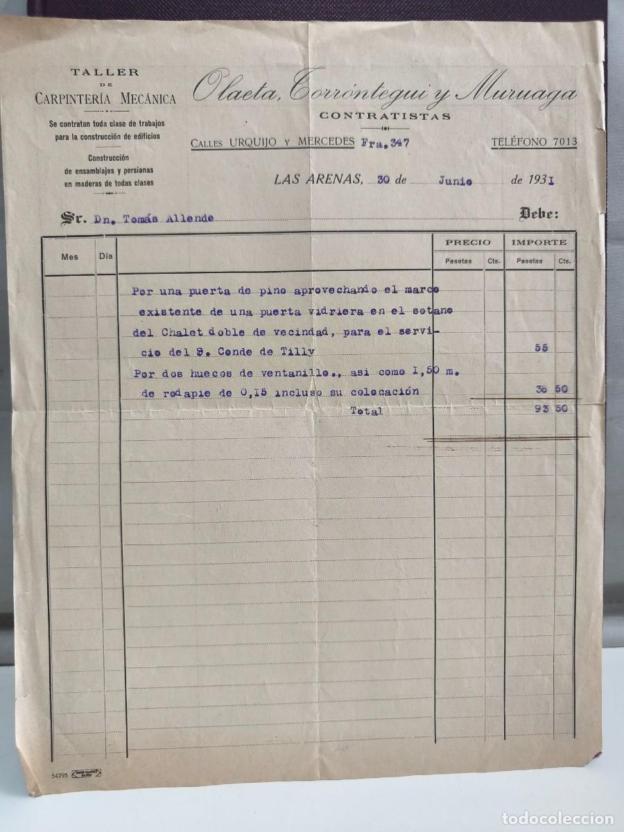 Faturas antigas: OLAETA, TORRONTEGUI Y MURUAGA CONTRATISTAS. TALLER DE CARPINTER&Iacute;A MEC&Aacute;NICA. LAS ARENAS 1931