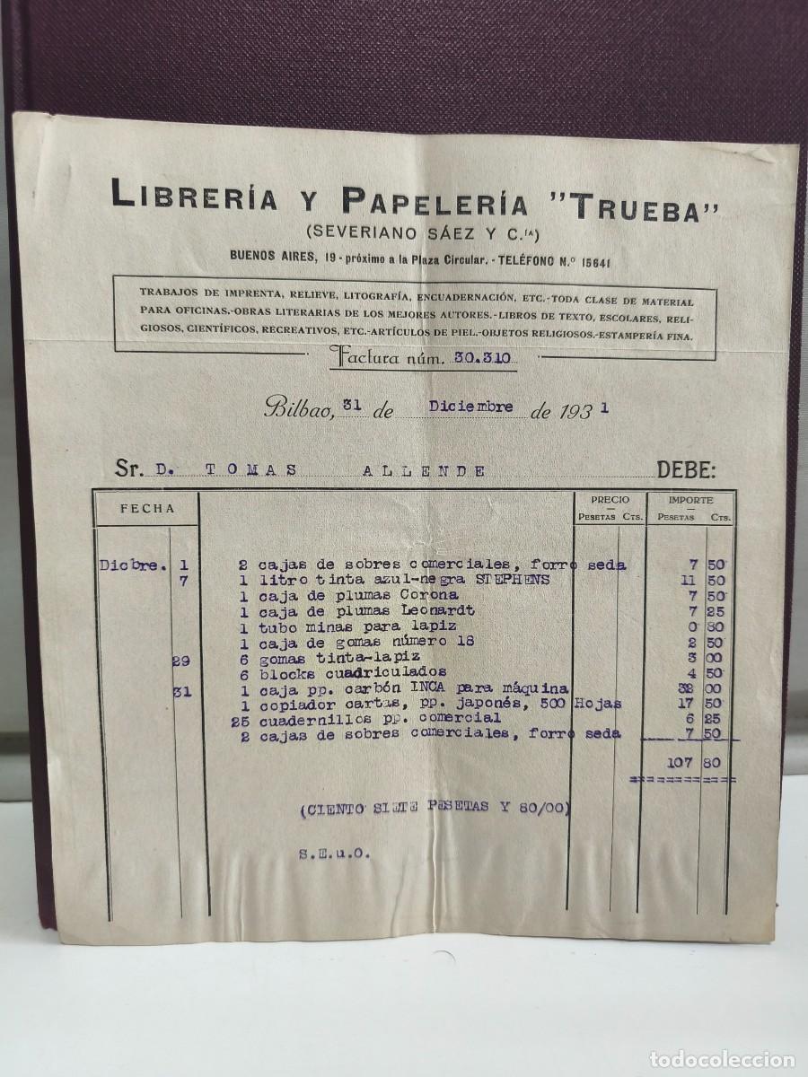 Faturas antigas: LIBRER&Iacute;A Y PAPELER&Iacute;A TRUEBA. SEVERIANO S&Aacute;EZ Y CIA. BILBAO 1931