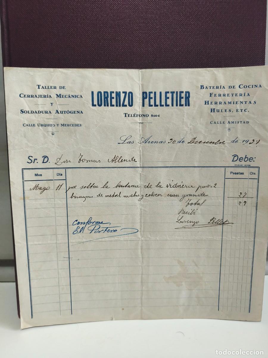 Faturas antigas: LORENZO PELLETIER. TALLER DE CERRAJER&Iacute;A MEC&Aacute;NICA Y SOLDADURA AUT&Oacute;GENA. LAS ARENAS.