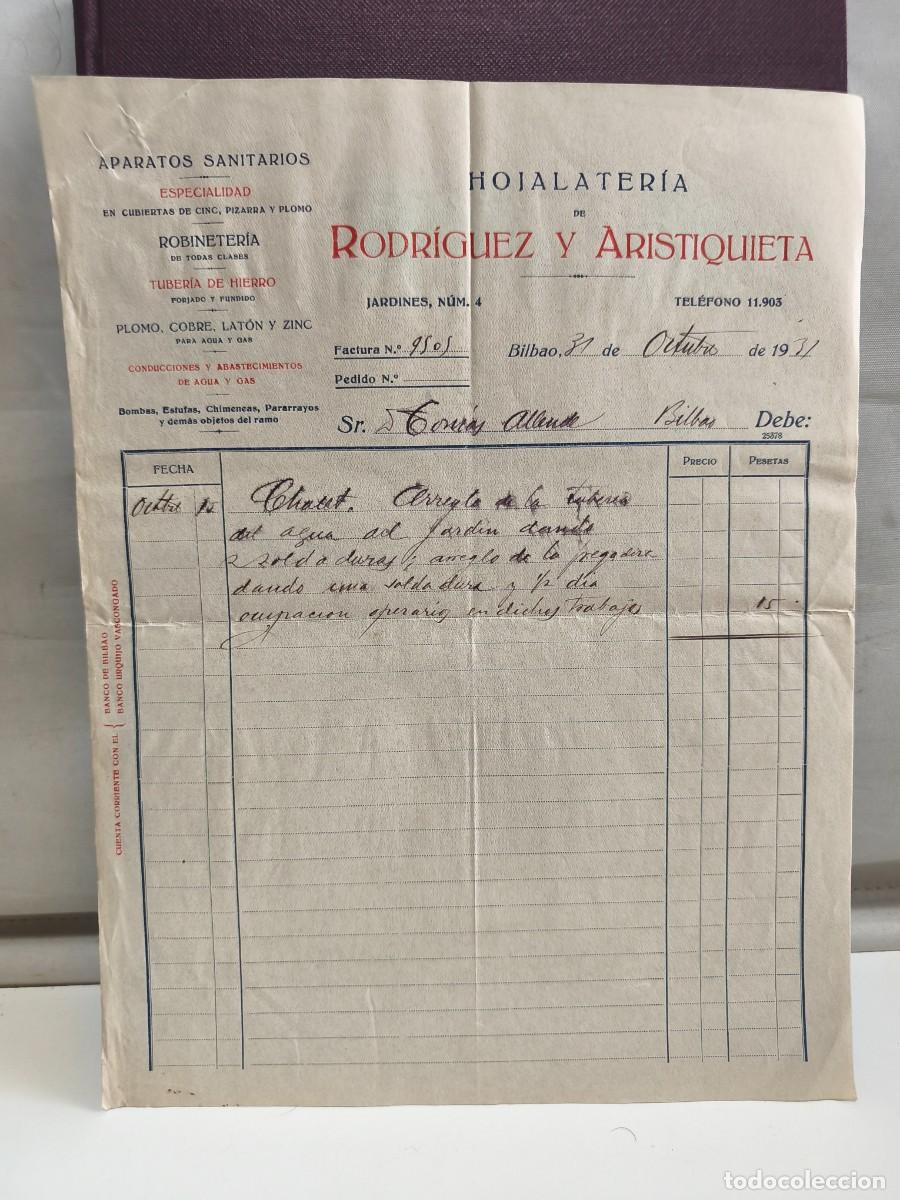Alte Rechnungen: HOJALATER&Iacute;A DE RODR&Iacute;GUEZ Y ARISTIQUIETA. APARATOS SANITARIOS. BILBAO 1931.