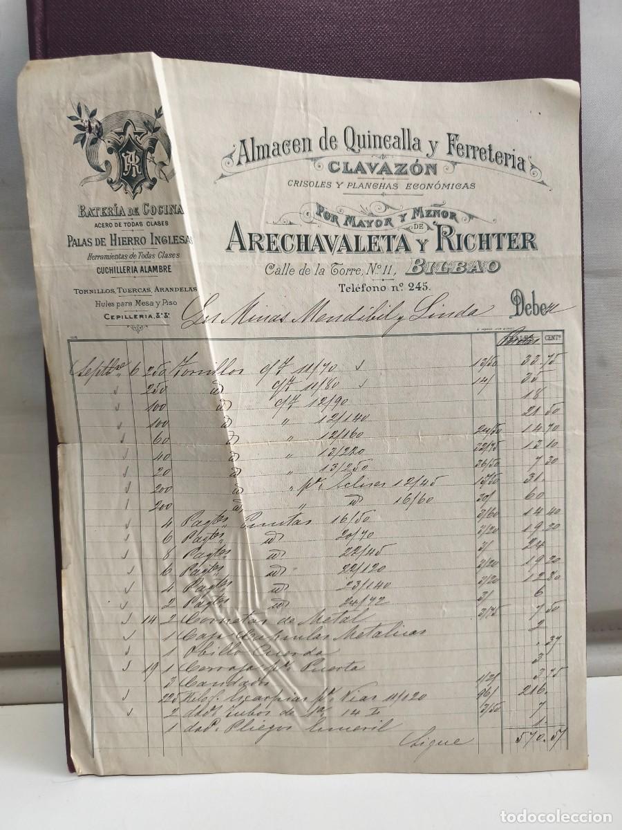 Fatture antiche: ALMACEN DE QUINCALLA Y FERRETERIA. CLAVAZON. ARECHAVALETA Y RICHTER. MINAS MENDIBIL Y LINDA. BILBAO