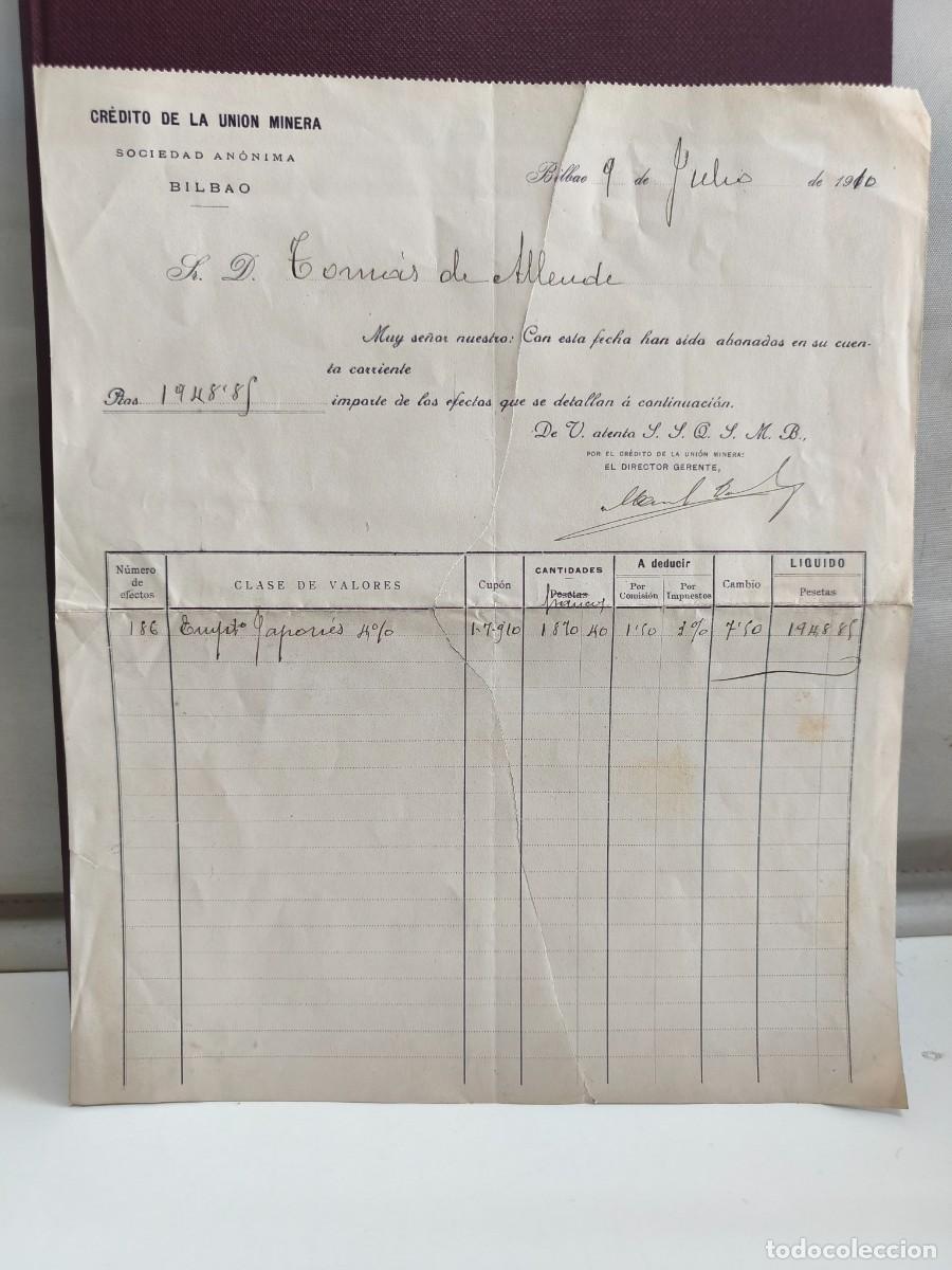 Factures anciennes: CR&Eacute;DITO DE LA UNI&Oacute;N MINERA. BILBAO 1910