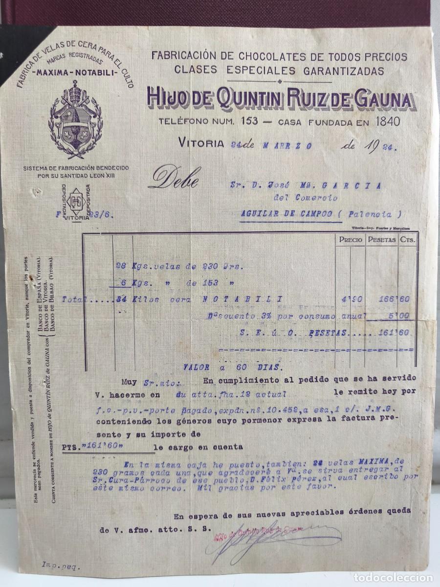 Factures anciennes: HIJO DE QUINTIN RUIZ DE GAUNA. FABRICACI&Oacute;N DE CHOCOLATES. VELAS DE CERA. VITORIA 1924.