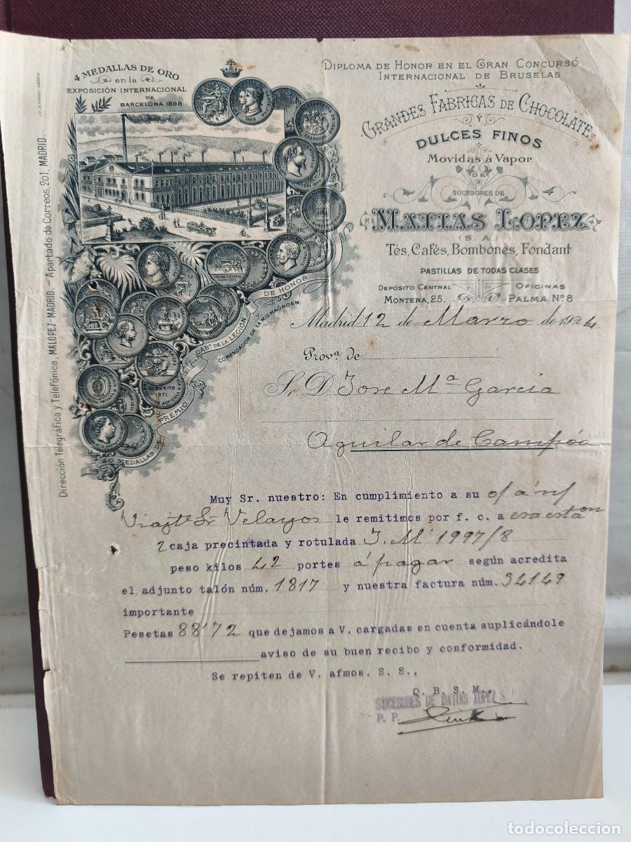Factures anciennes: GRANDES F&Aacute;BRICAS DE CHOCOLATE Y DULCES FINOS. SUCESORES DE MATIAS LOPEZ. MADRID 1924.