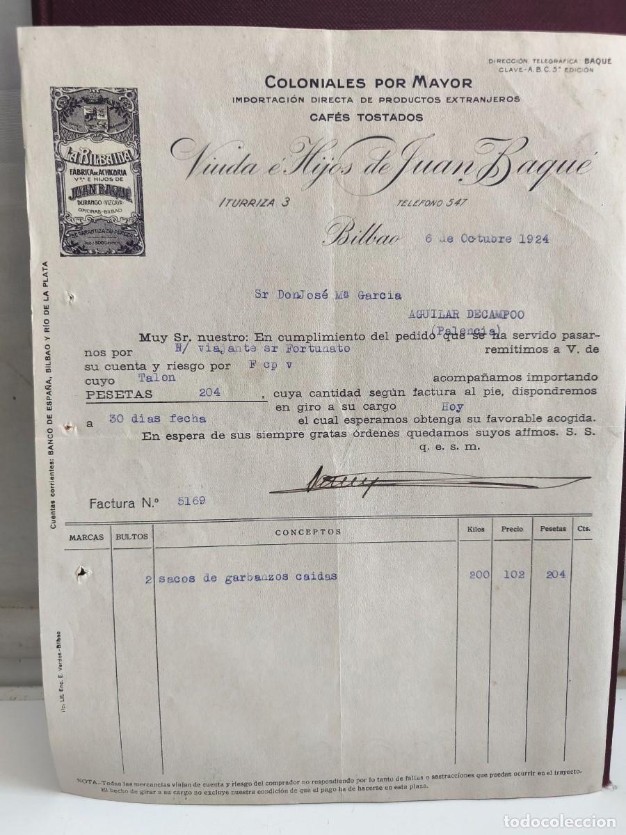Factures anciennes: COLONIALES POR MAYOR. CAF&Eacute;S TOSTADOS. VIUDA E HIJOS DE JUAN BAQU&Eacute;. BILBAO 1924. LA BILBAINA.