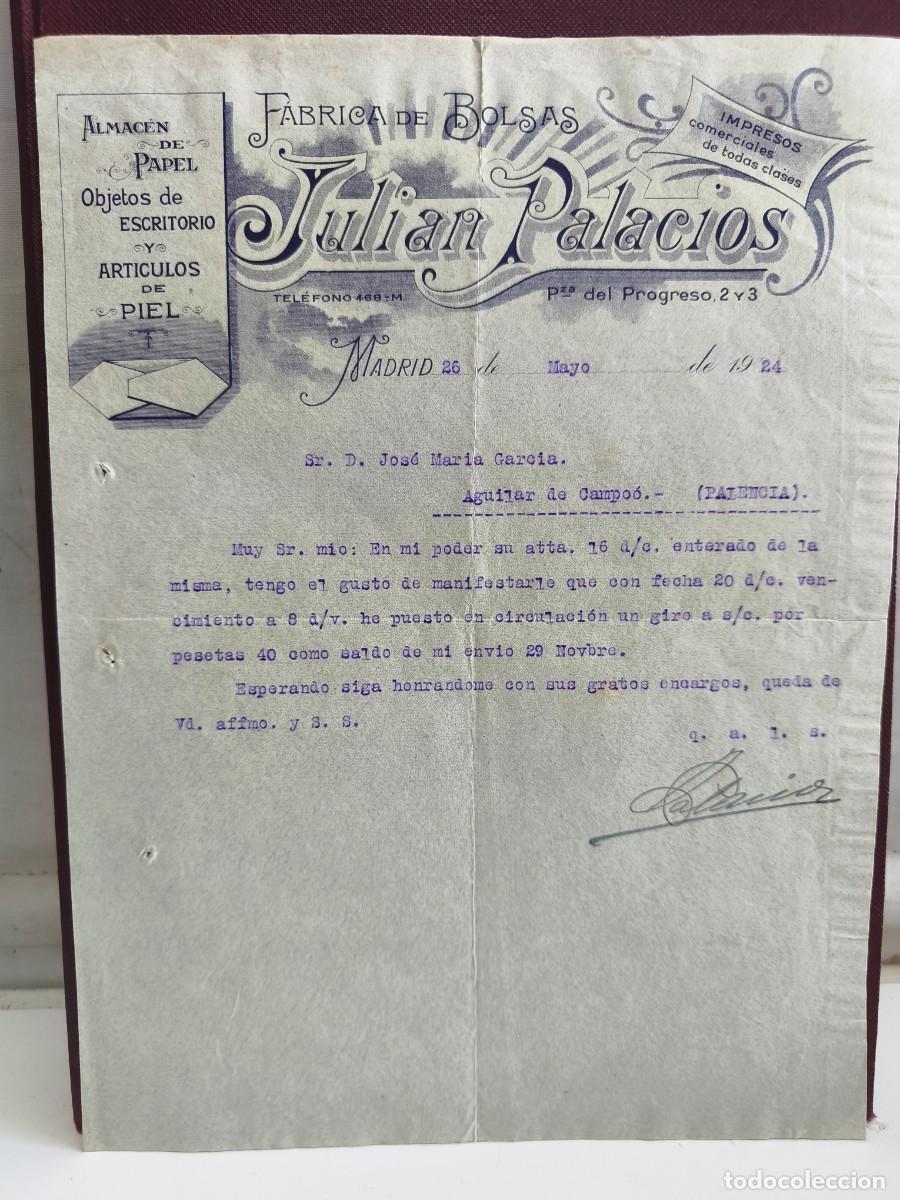 Factures anciennes: FABRICA DE BOLSAS JULIAN PALACIOS. ALMACEN DE PAPEL. MADRID 1924.