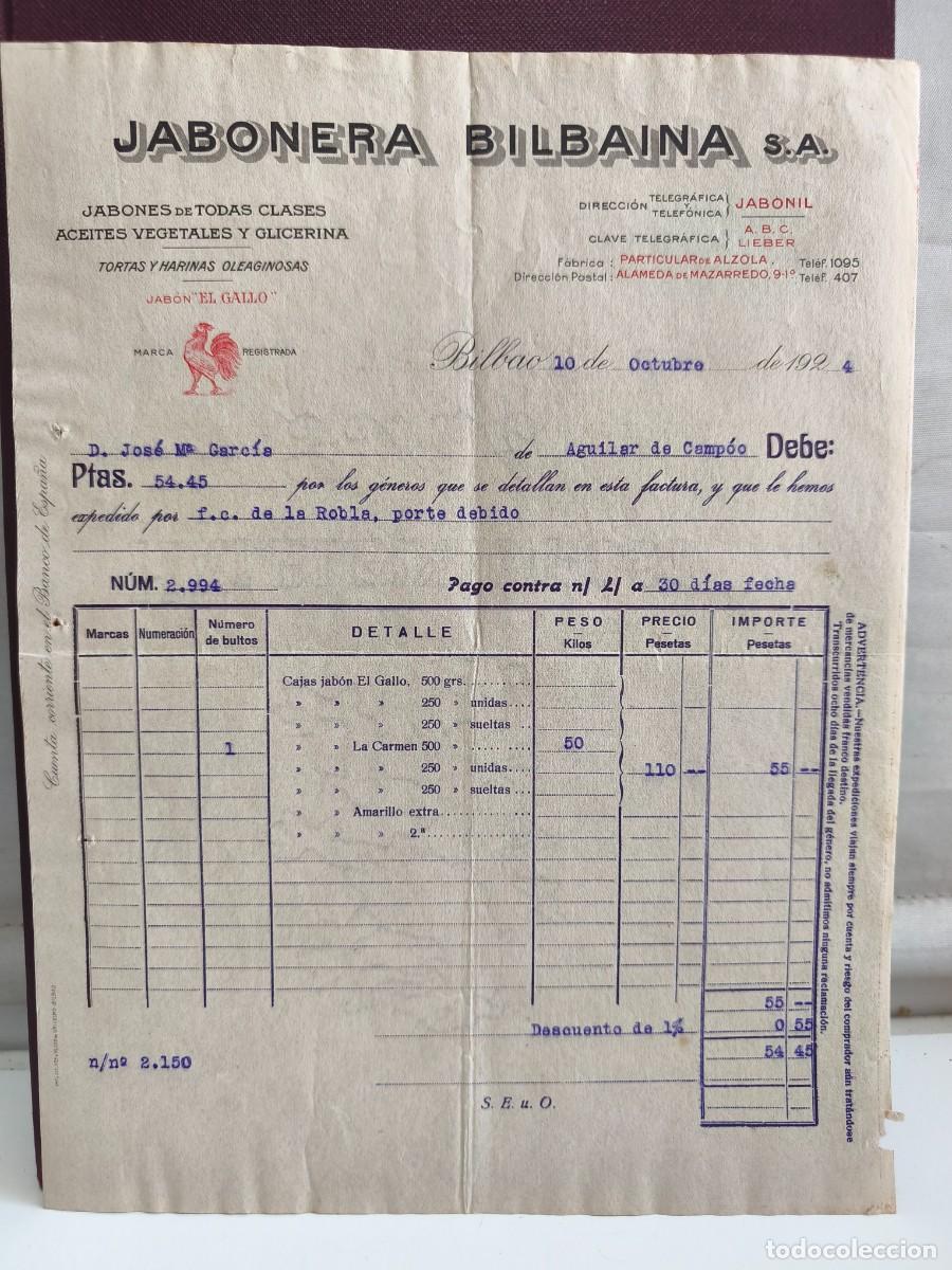 Old Invoices: JABONERA BILBAINA. ACEITES VEGETALES. BILBAO 1924.