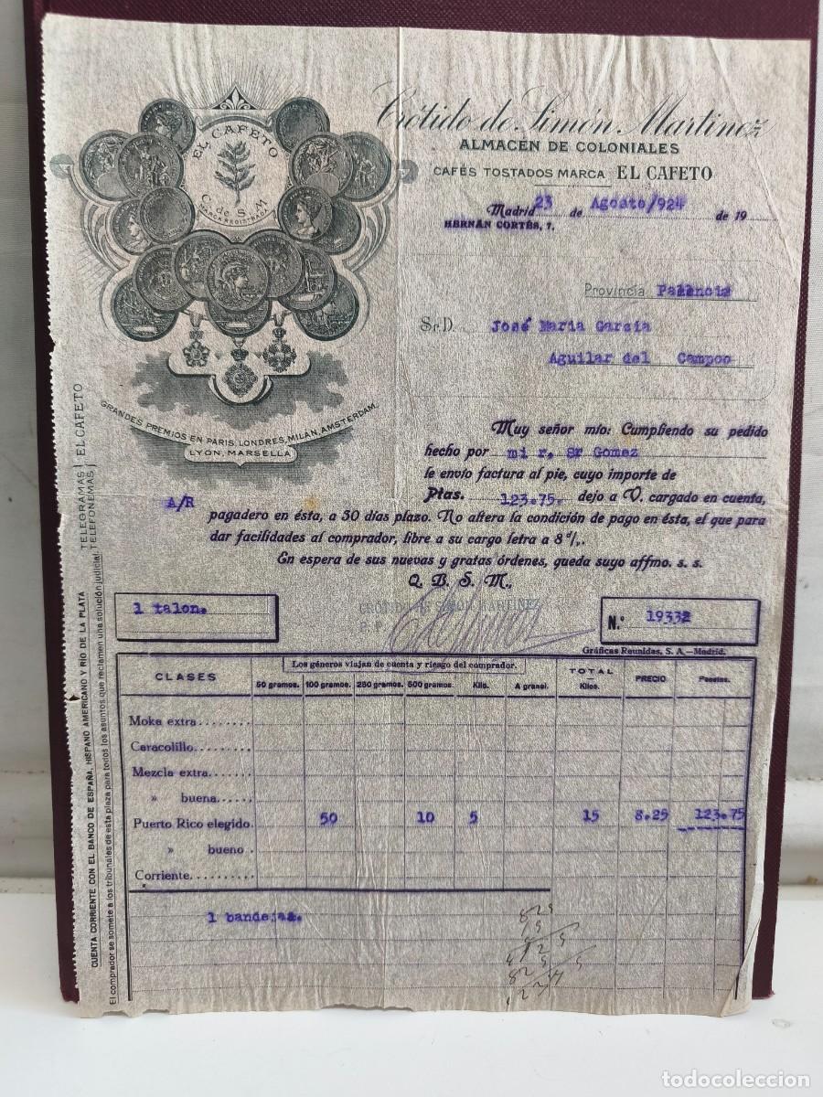 Old Invoices: CR&Oacute;TIDO DE SIM&Oacute;N MART&Iacute;NEZ. ALMAC&Eacute;N DE COLONIALES. CAF&Eacute;S TOSTADOS EL CAFETO PUERTO RICO. MADRID 1924