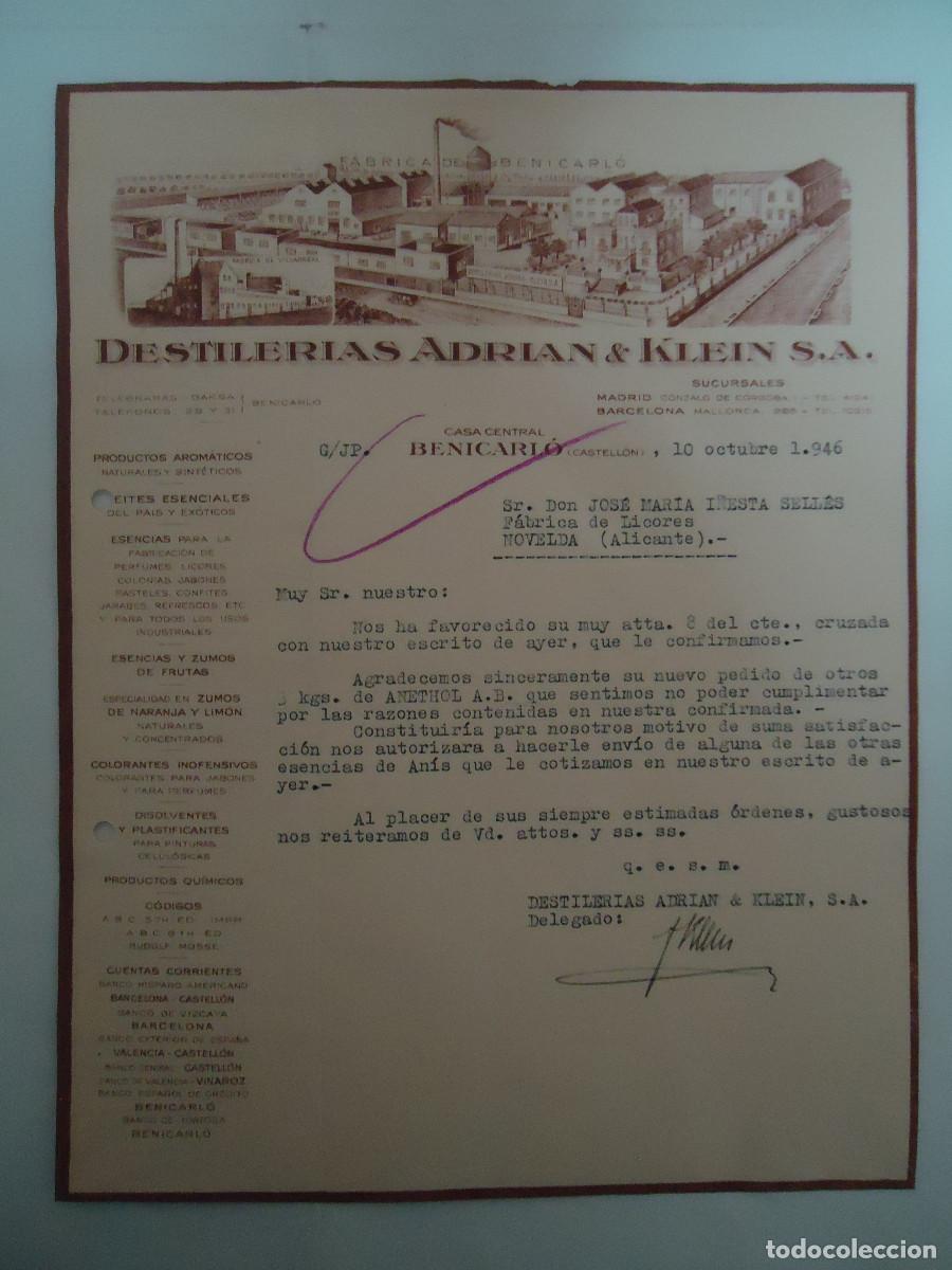 Facturas antiguas: FACTURA DEL A&Ntilde;O 1946 DE DESTILARIAS ADRIAN & KLEIN S.A. 1 . BENICARLO. PP -12