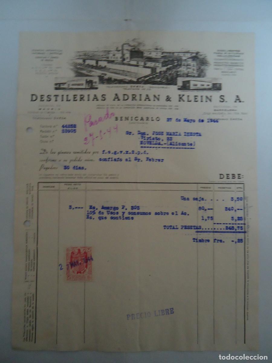 Facturas antiguas: FACTURA DEL A&Ntilde;O 1944 DE DESTILERIAS ADRIAN & KLEIN S.A. 2 . BENICARLO. PP -12