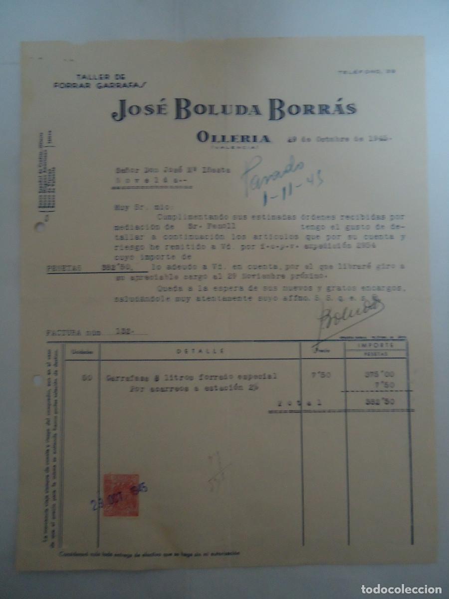 Facturas antiguas: FACTURA DEL A&Ntilde;O 1945 DE JOSE BOLUDA BORRAS, OLLERIA-VALENCIA. TALLER DE FORRAR GARRAFAS. PP -12