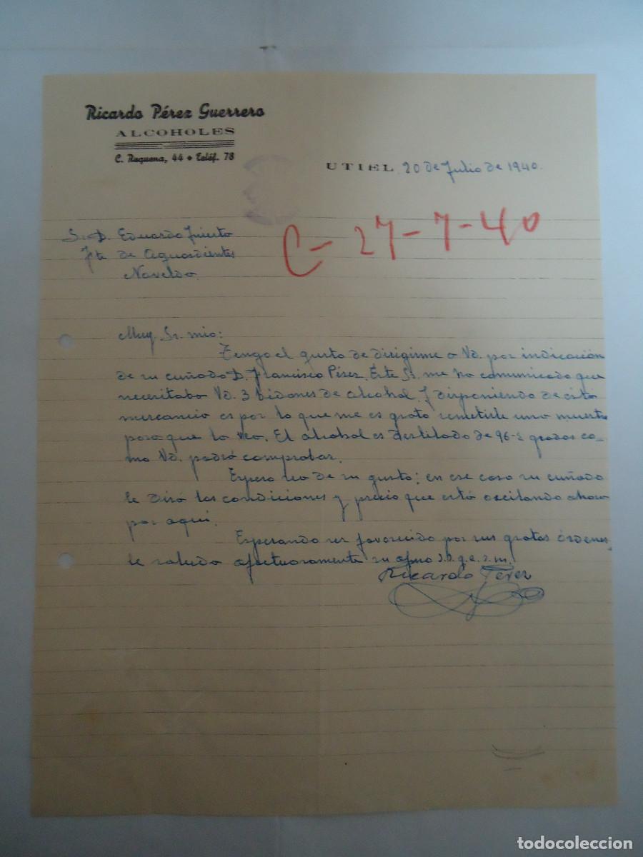 Facturas antiguas: FACTURA DEL A&Ntilde;O 1940 DE RICARDO PEREZ GUERRERO DE UTIEL. FABRICA DE ALCOHOLES. PP -12