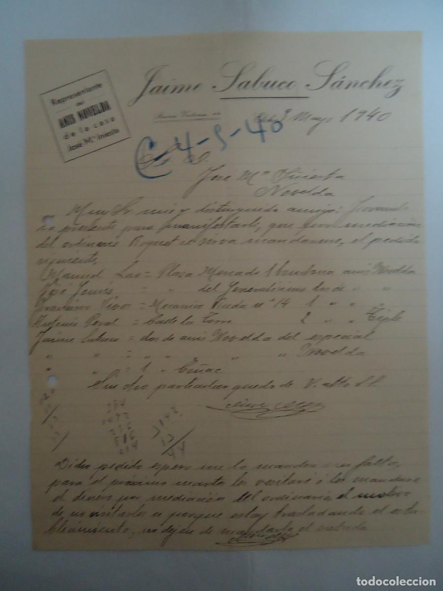 Facturas antiguas: FACTURA DEL A&Ntilde;O 1940 DE JAIME SABUCO SANCHEZ , REPRESENTANTE DE ANIS NOVELDA. PP -12
