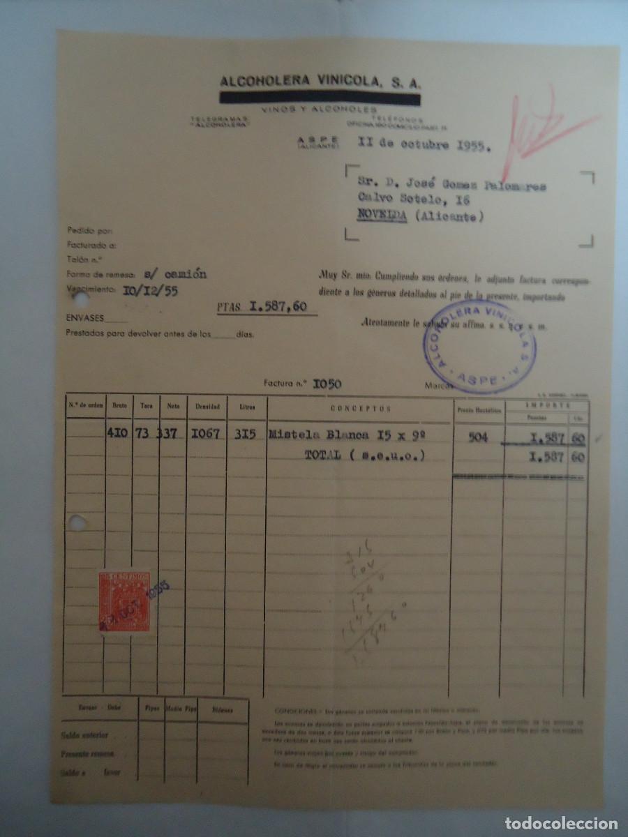Facturas antiguas: FACTURA DEL A&Ntilde;O 1955 DE LA ALCOHOLERA VINICOLA S.A. DE ASPE. VINOS Y ALCOHOLES. PP -12