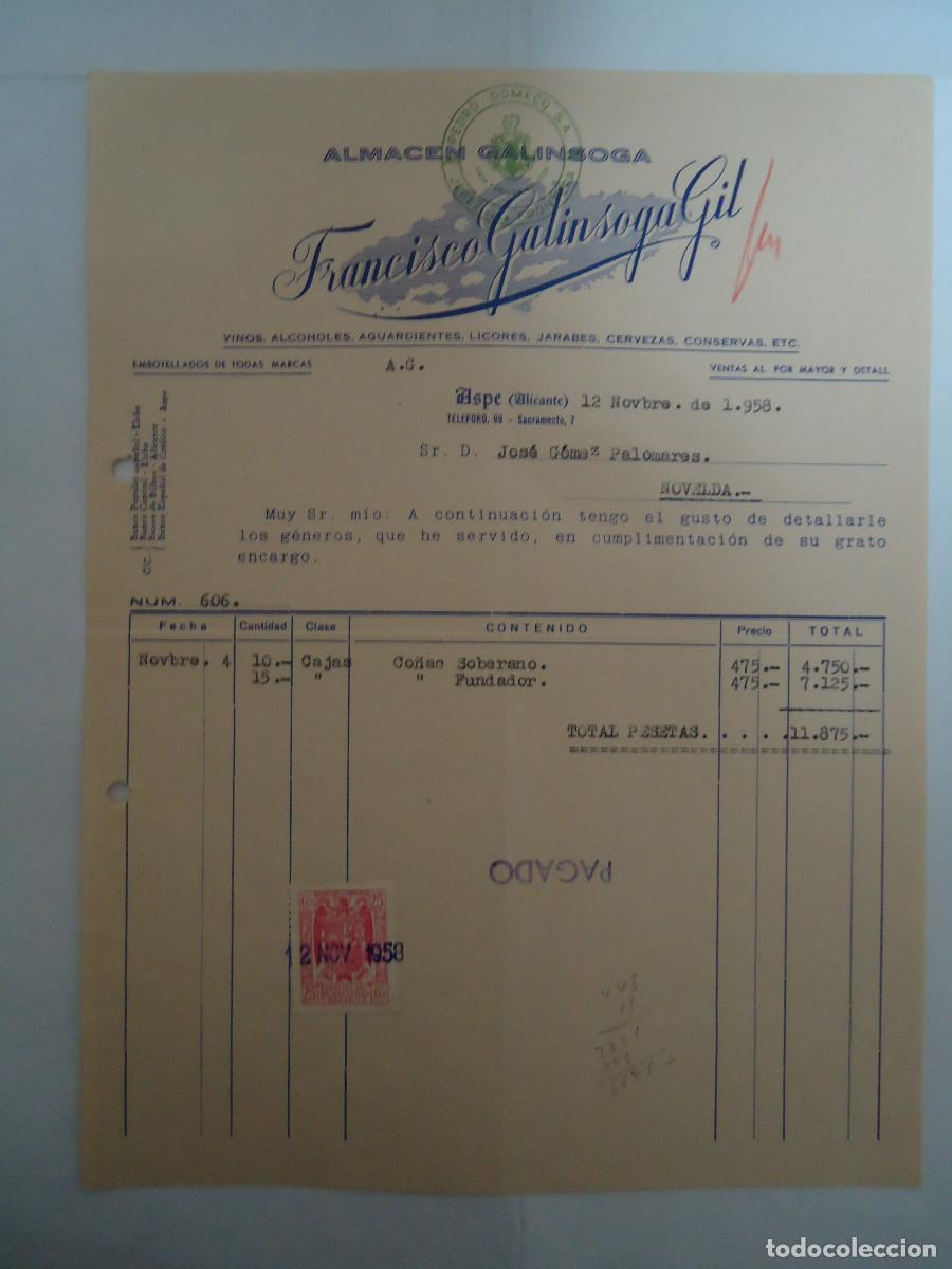 Facturas antiguas: FACTURA DEL A&Ntilde;O 1958 PEDRO DOMECQ, FARNCISCO GALINSOGA GIL. ASPE. PP -12