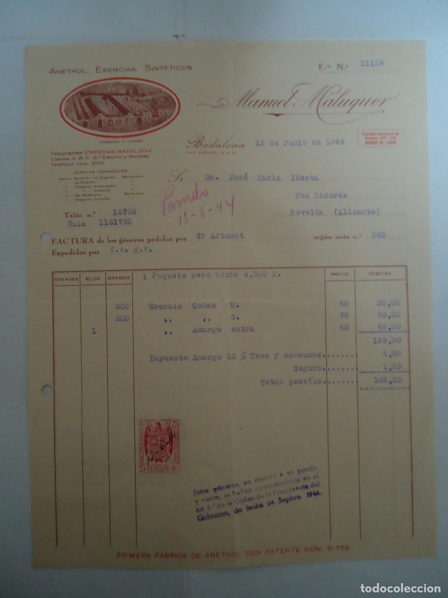 Fatture antiche: FACTURA DEL A&Ntilde;O 1944 DE MANUEL MALUQUER , ANETHOL, ESENCIAS, SINTETICOS. BADALONA. PP -12