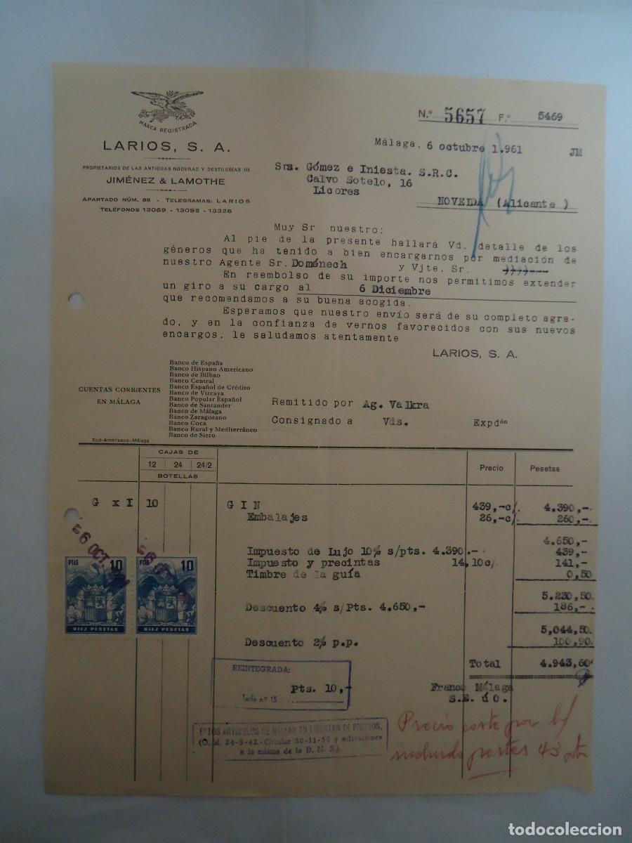Facturas antiguas: FACTURA DEL A&Ntilde;O 1961 DE LARIOS S.A.. MALAGA. PP -12