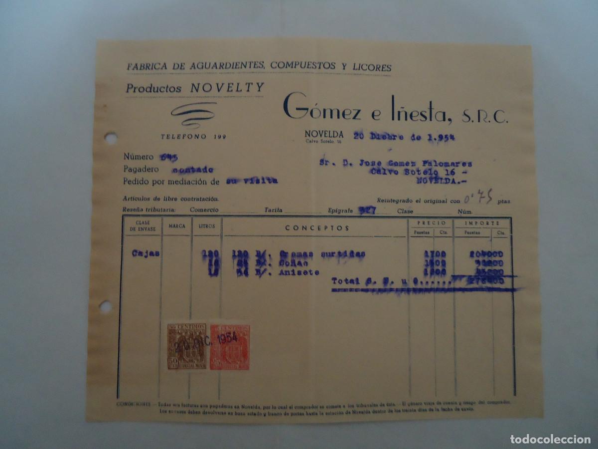 Facturas antiguas: FACTURA DEL A&Ntilde;O 1954 DE GOMEZ E I&Ntilde;ESTA , S.R.C. DE NOVELDA. FABRICA DE AGUARDIENTES, LICORES.PP -12