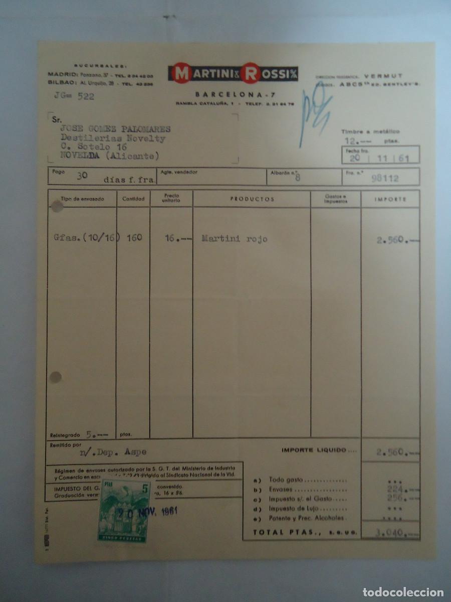Fatture antiche: FACTURA DEL A&Ntilde;O 1961 DE MARTINI & ROSSI S.A. DE BARCELONA. PP -12