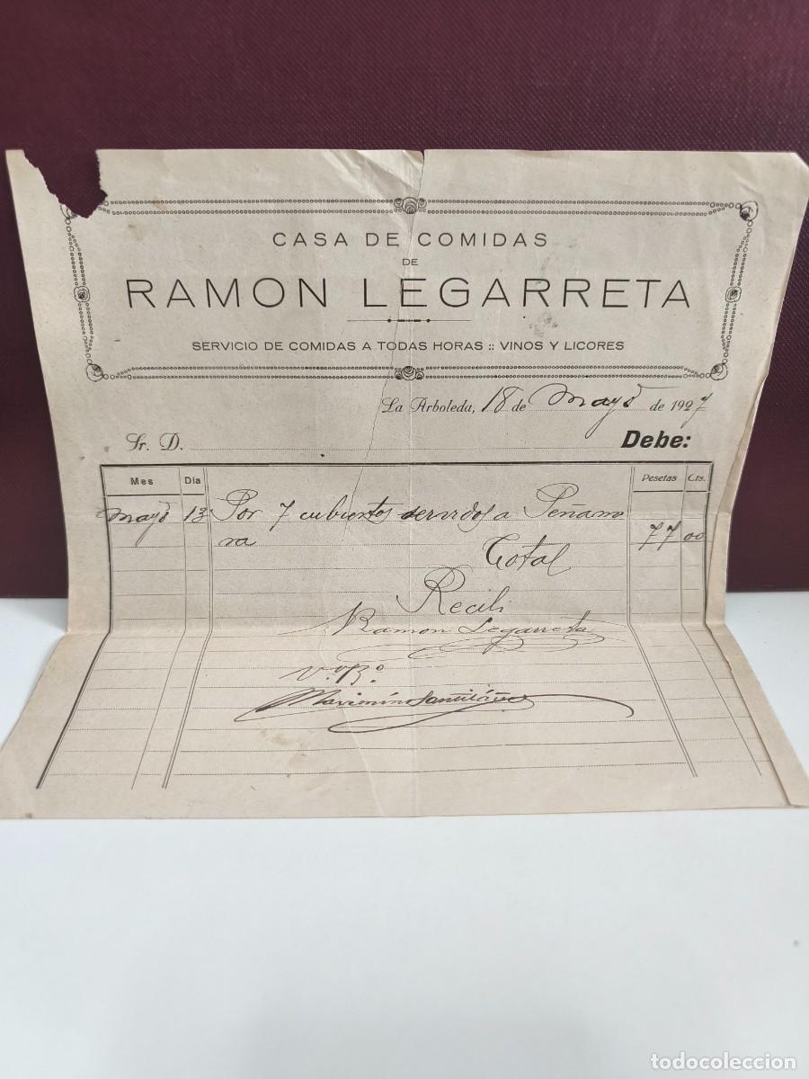 Facturas antiguas: CASA DE COMIDAS DE RAMON LEGARRETA. LA ARBOLEDA 1927