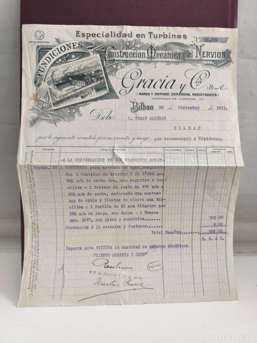 Facturas antiguas: GRACIA Y CIA. ESPECIALIDAD EN TURBINAS. CONSTRUCCI&Oacute;N MEC&Aacute;NICA DEL NERVION. BILBAO 1911. FERROCARRIL
